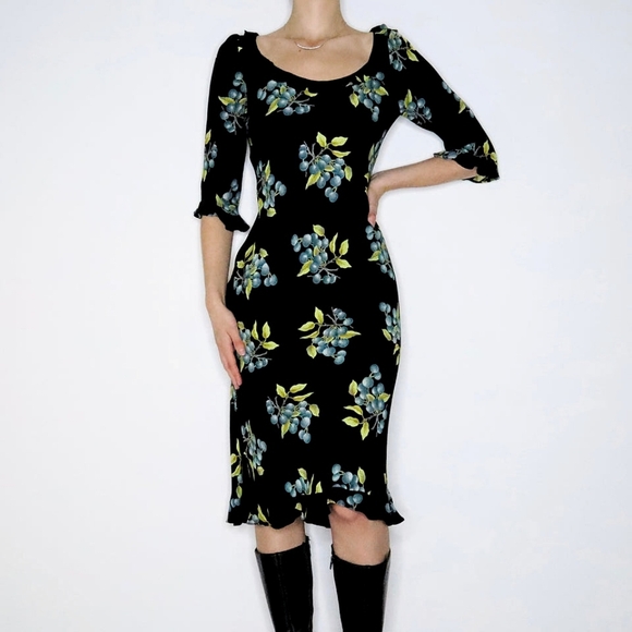 Vintage Betsey Johnson 90s Blueberry Fruit Print Ruffle Slip Midi Dress - Picture 10 of 16